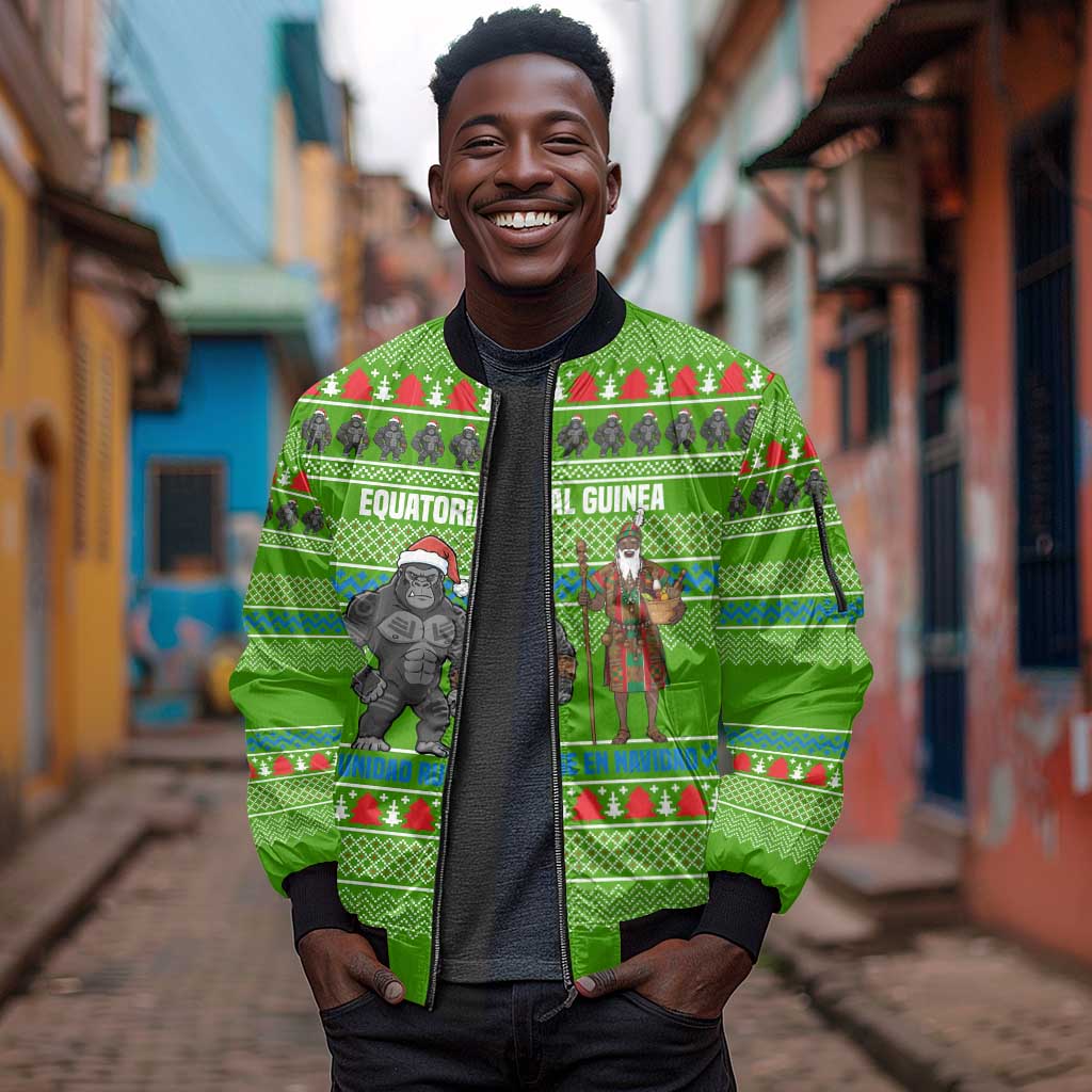 Equatorial Guinea Christmas Sleeve Zip Bomber Jacket Santa Gorilla Gift Basket - African Pride