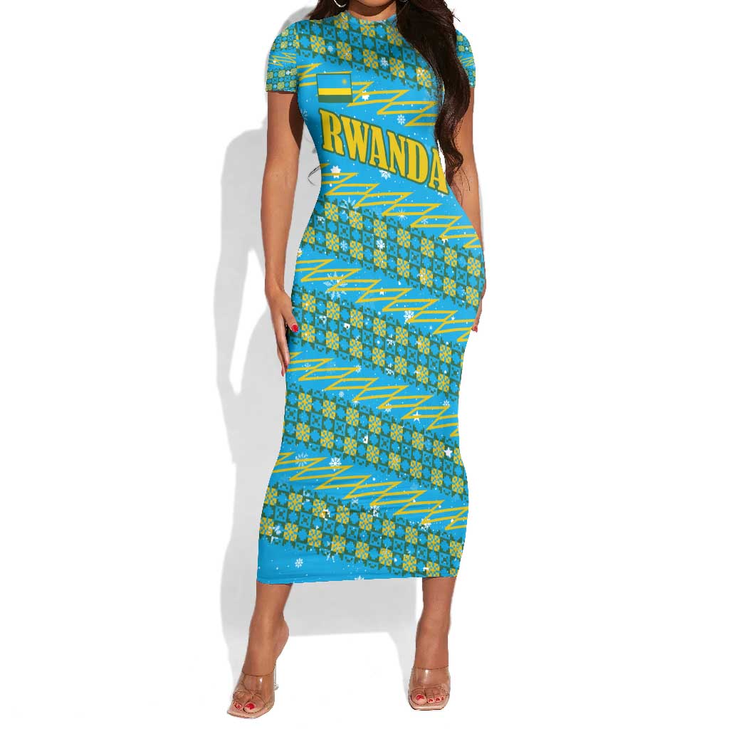 Rwanda Christmas Short Sleeve Bodycon Dress Festive Geometric Motifs and Bold Typography - African Pride