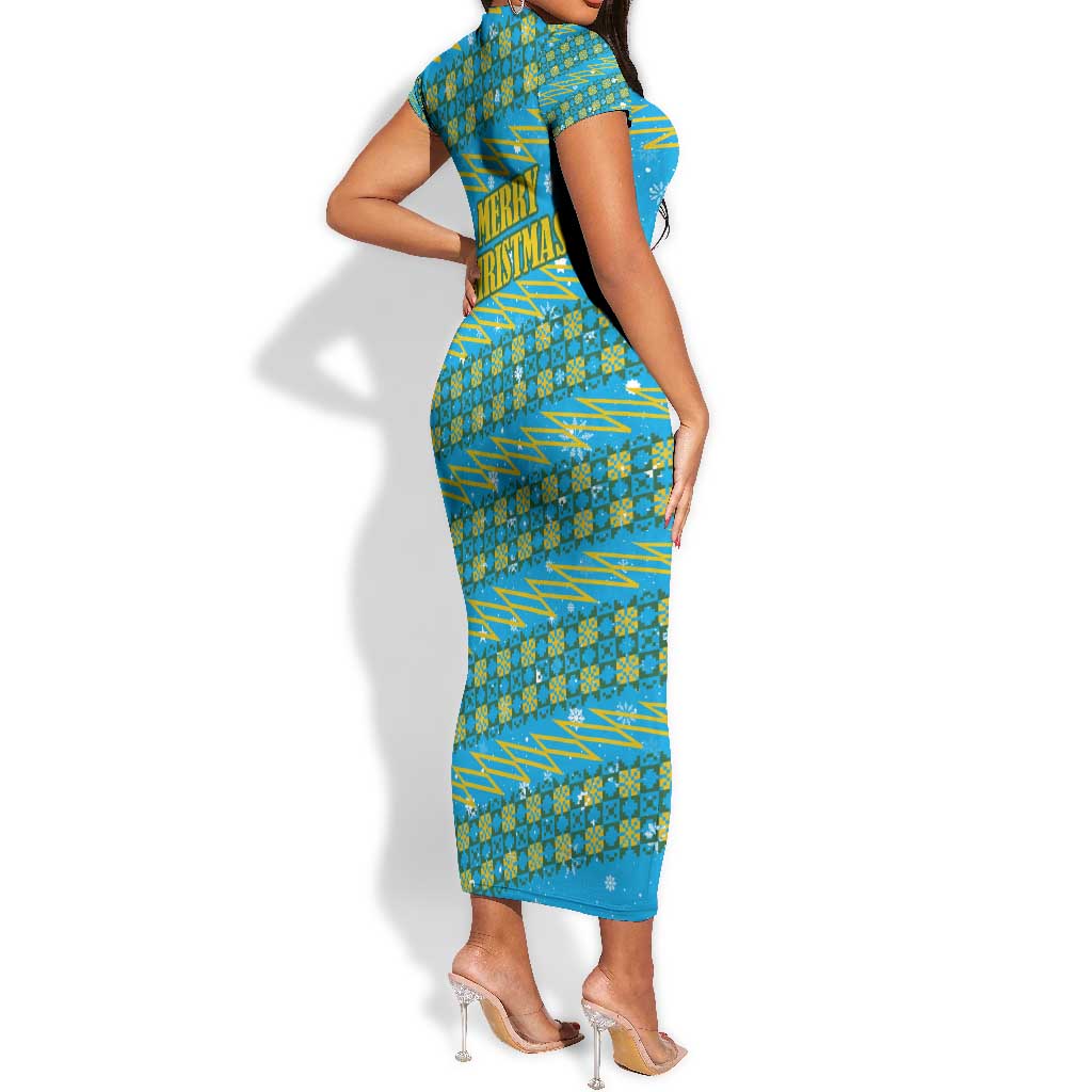 Rwanda Christmas Short Sleeve Bodycon Dress Festive Geometric Motifs and Bold Typography - African Pride