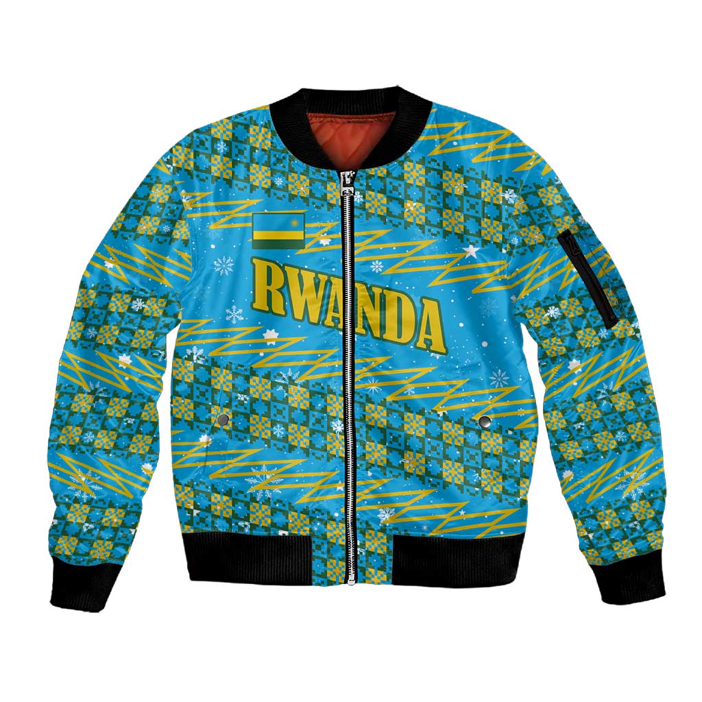 Rwanda Christmas Sleeve Zip Bomber Jacket Festive Geometric Motifs and Bold Typography - African Pride
