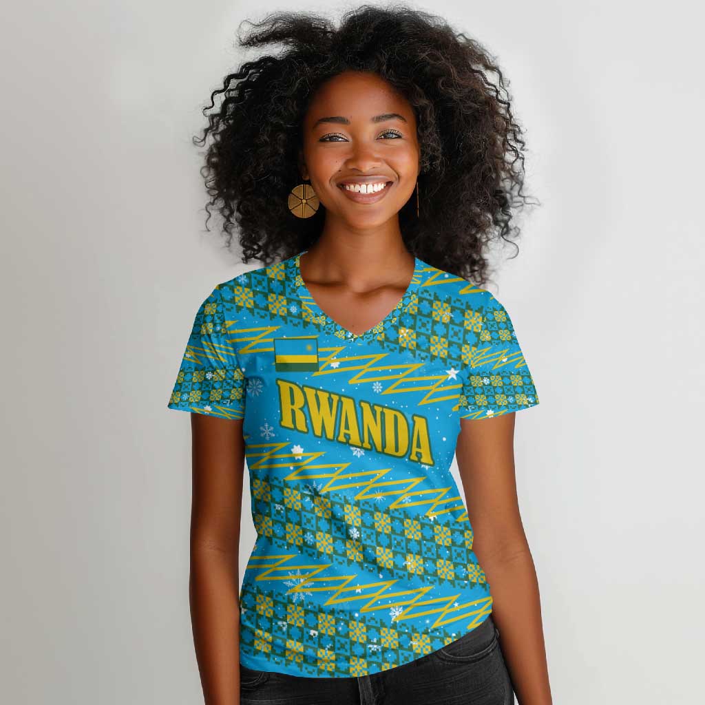 Rwanda Christmas Women V-Neck T-Shirt Festive Geometric Motifs and Bold Typography - African Pride