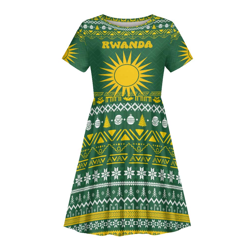 Rwanda Christmas Kid Short Sleeve Dress National Emblem and Radiant Sun Motif - African Pride