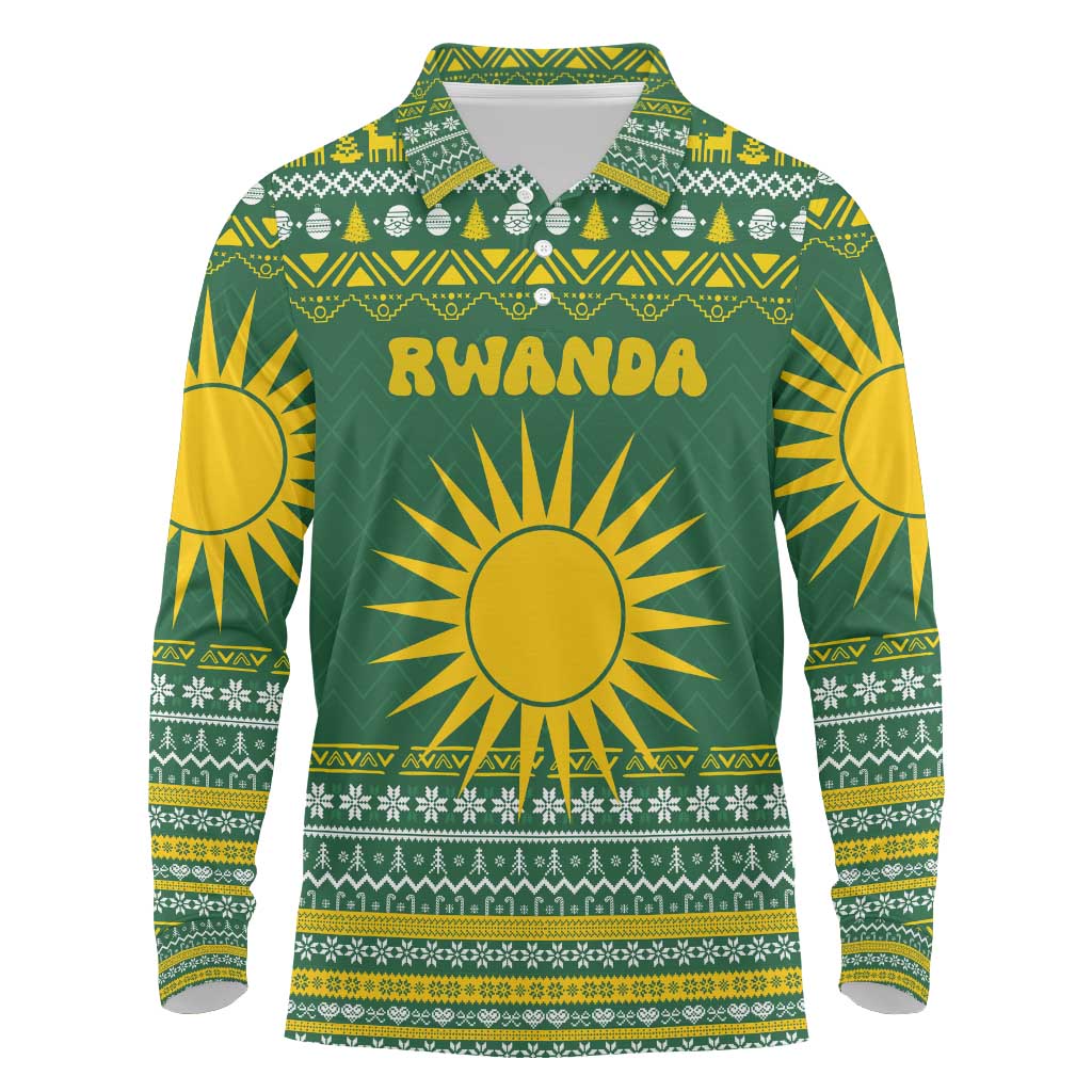 Rwanda Christmas Long Sleeve Polo Shirt National Emblem and Radiant Sun Motif - African Pride