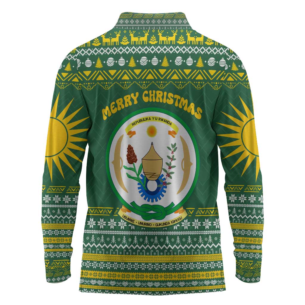 Rwanda Christmas Long Sleeve Polo Shirt National Emblem and Radiant Sun Motif - African Pride