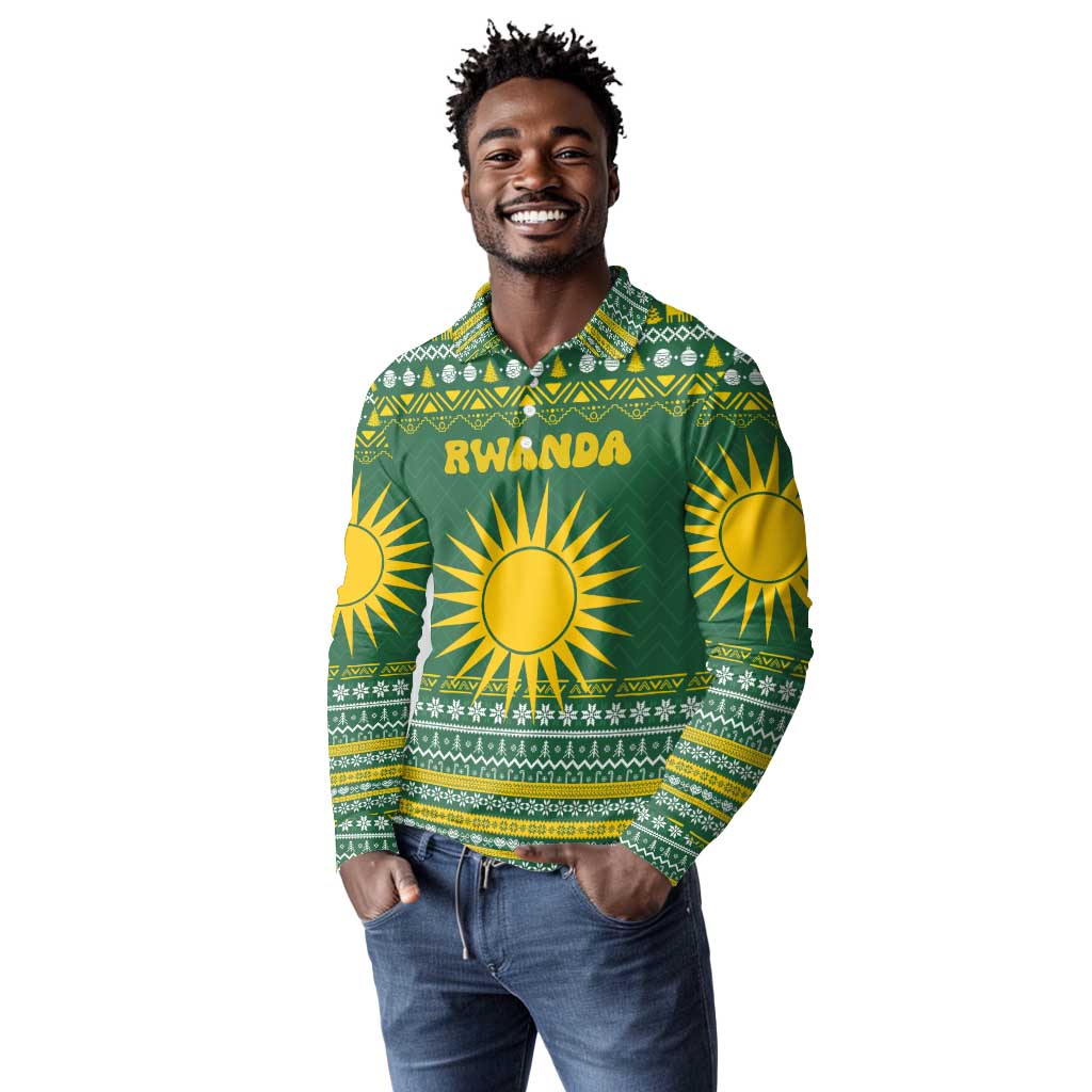 Rwanda Christmas Long Sleeve Polo Shirt National Emblem and Radiant Sun Motif - African Pride