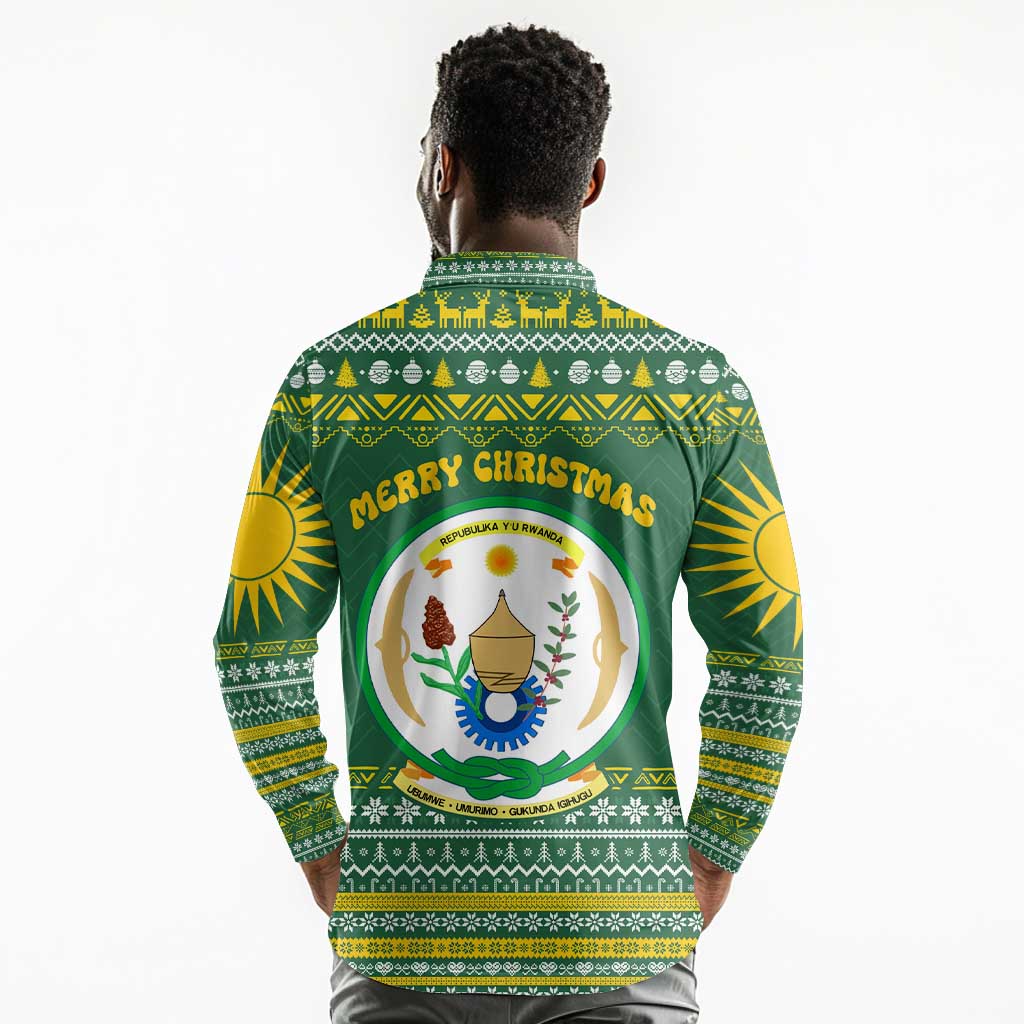 Rwanda Christmas Long Sleeve Polo Shirt National Emblem and Radiant Sun Motif - African Pride