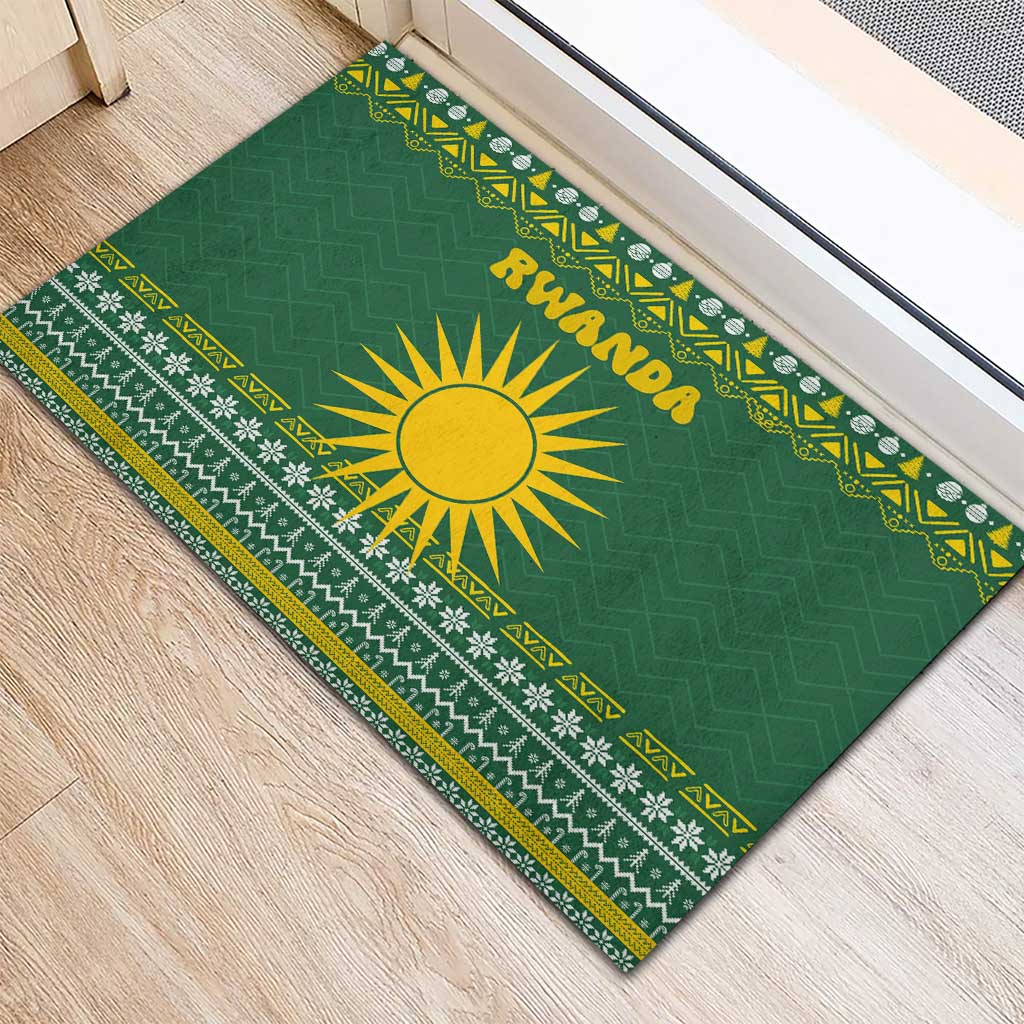Rwanda Christmas Rubber Doormat National Emblem and Radiant Sun Motif - African Pride