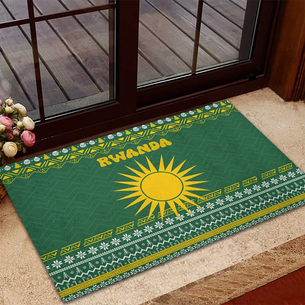 Rwanda Christmas Rubber Doormat National Emblem and Radiant Sun Motif - African Pride