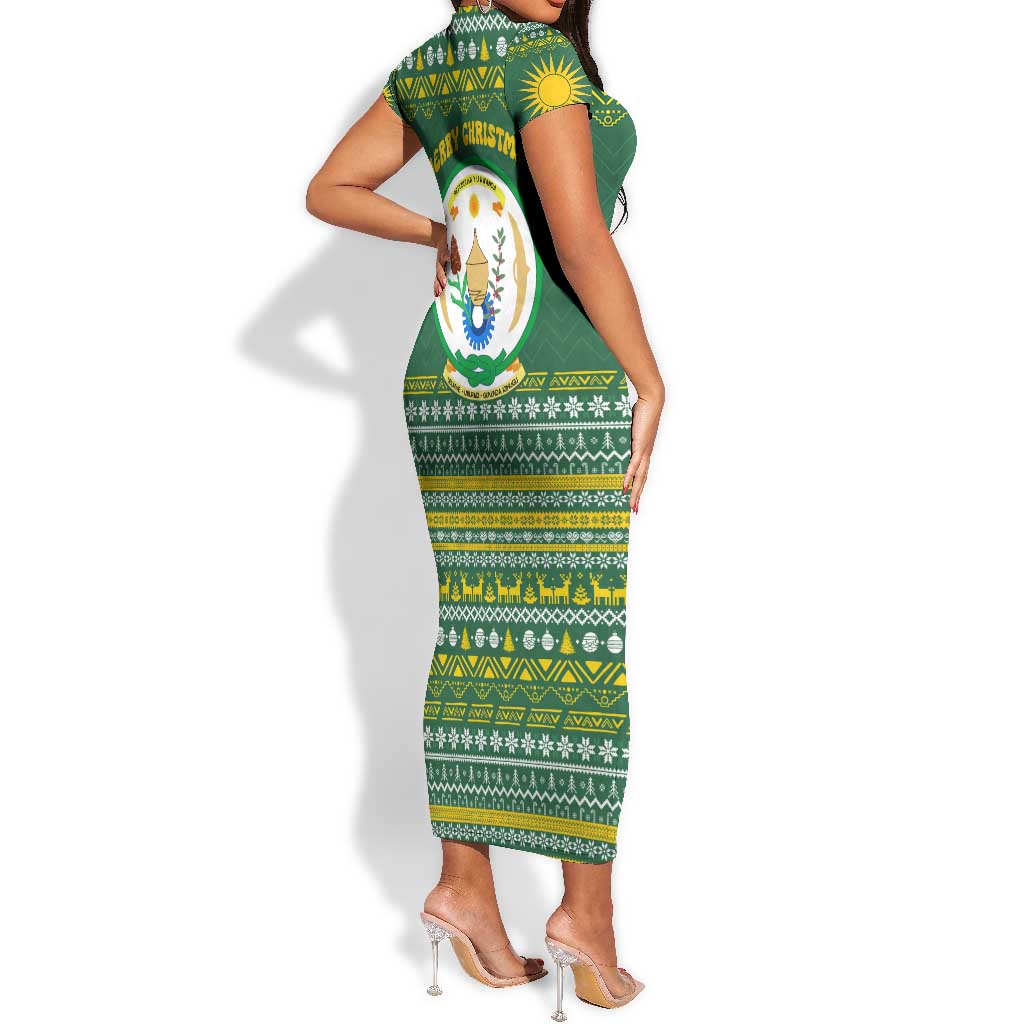 Rwanda Christmas Short Sleeve Bodycon Dress National Emblem and Radiant Sun Motif - African Pride