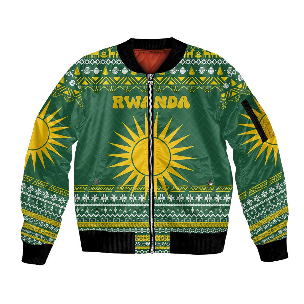 Rwanda Christmas Sleeve Zip Bomber Jacket National Emblem and Radiant Sun Motif - African Pride