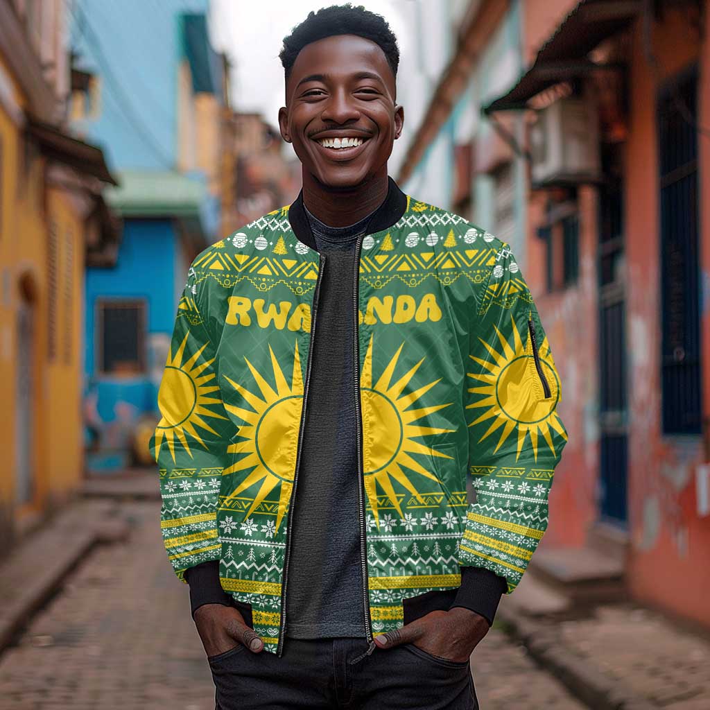 Rwanda Christmas Sleeve Zip Bomber Jacket National Emblem and Radiant Sun Motif - African Pride