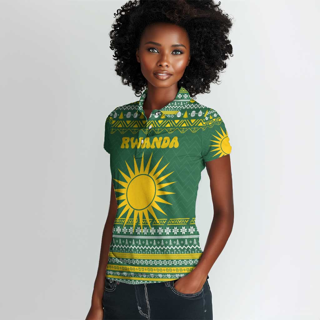 Rwanda Christmas Women Polo Shirt National Emblem and Radiant Sun Motif - African Pride
