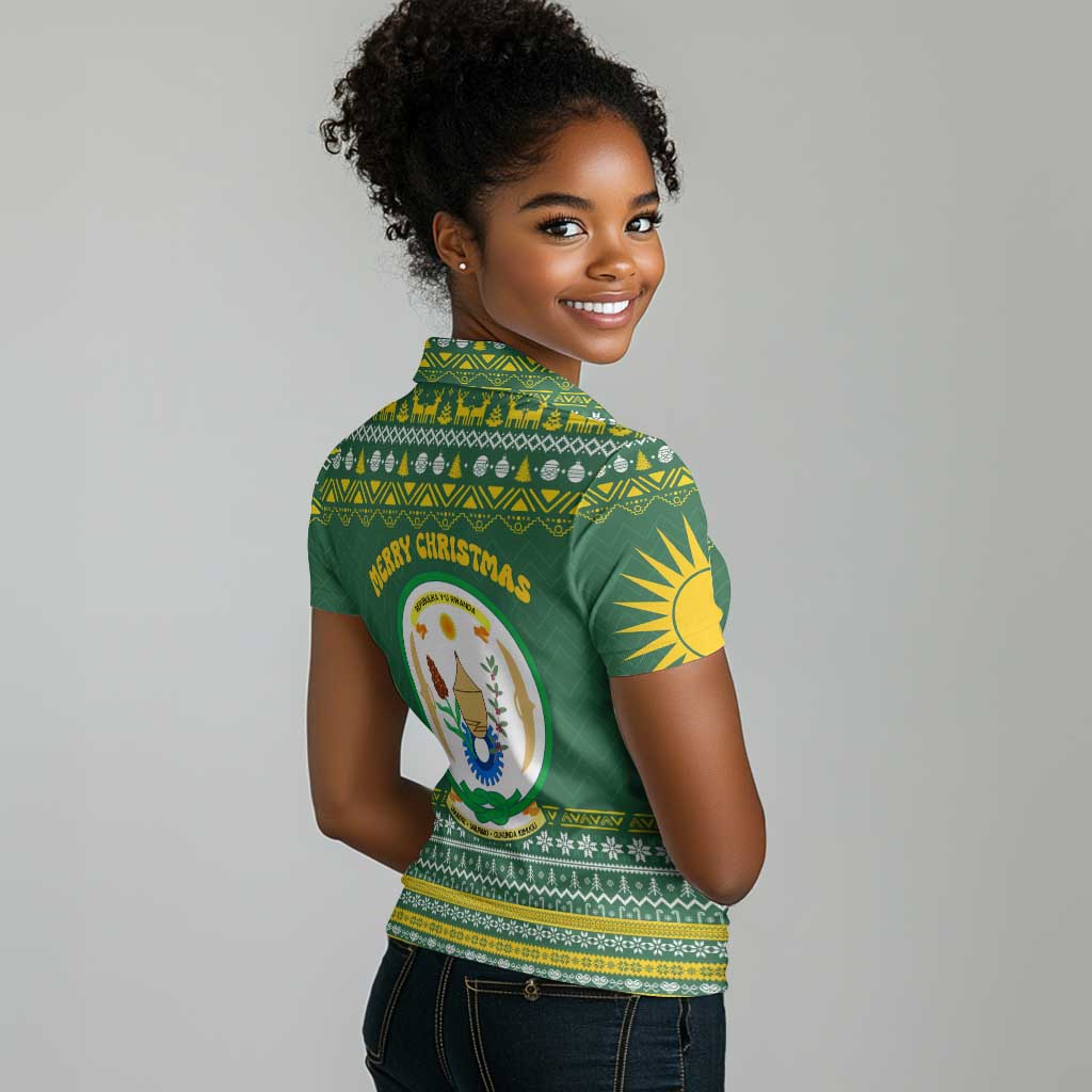 Rwanda Christmas Women Polo Shirt National Emblem and Radiant Sun Motif - African Pride