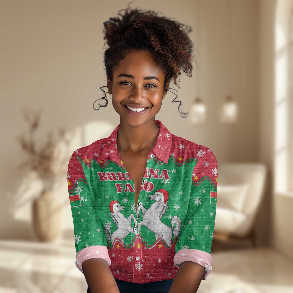 Christmas Burkina Faso Women Casual Shirt Snowflake Horses and Coat of Arms - African Pride