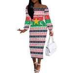 Christmas Burkina Faso Off The Shoulder Long Sleeve Dress Reindeer Star Design - African Pride
