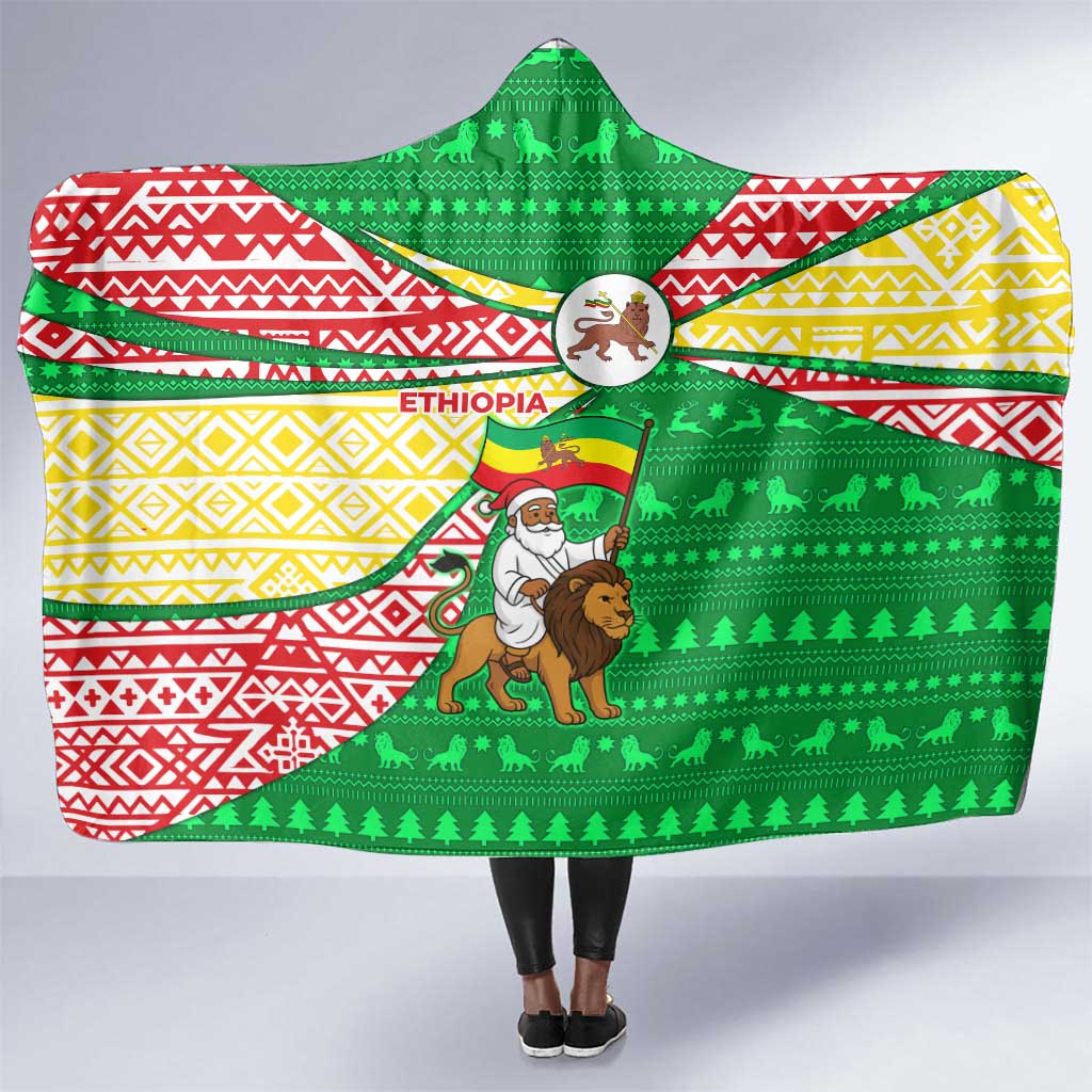 Ethiopia Christmas Hooded Blanket Santa Riding Lion Ethiopian Flag Colors and Tribal - African Pride
