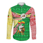 Ethiopia Christmas Long Sleeve Button Shirt Santa Riding Lion Ethiopian Flag Colors and Tribal - African Pride
