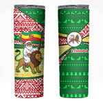 Ethiopia Christmas Skinny Tumbler Santa Riding Lion Ethiopian Flag Colors and Tribal - African Pride