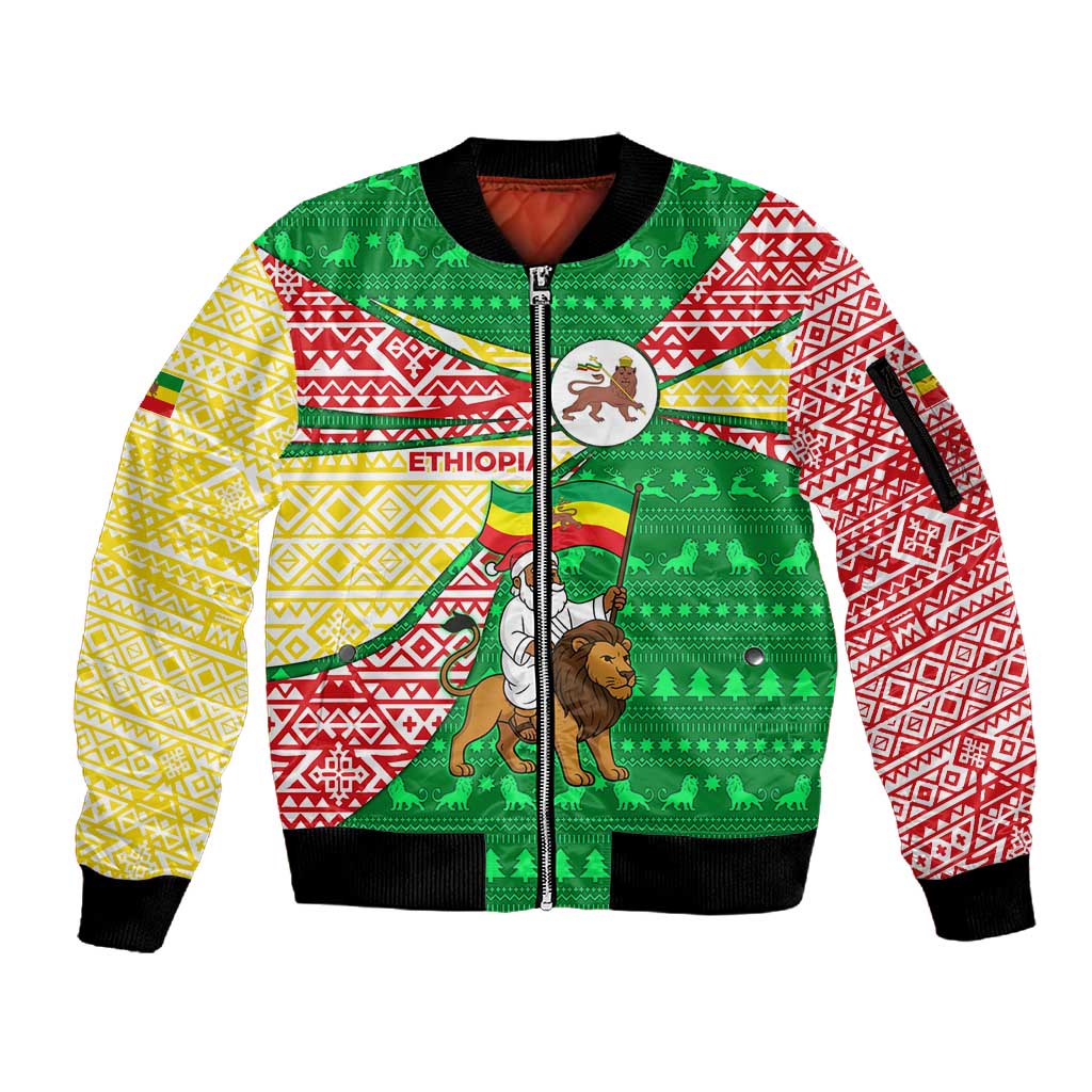 Ethiopia Christmas Sleeve Zip Bomber Jacket Santa Riding Lion Ethiopian Flag Colors and Tribal - African Pride
