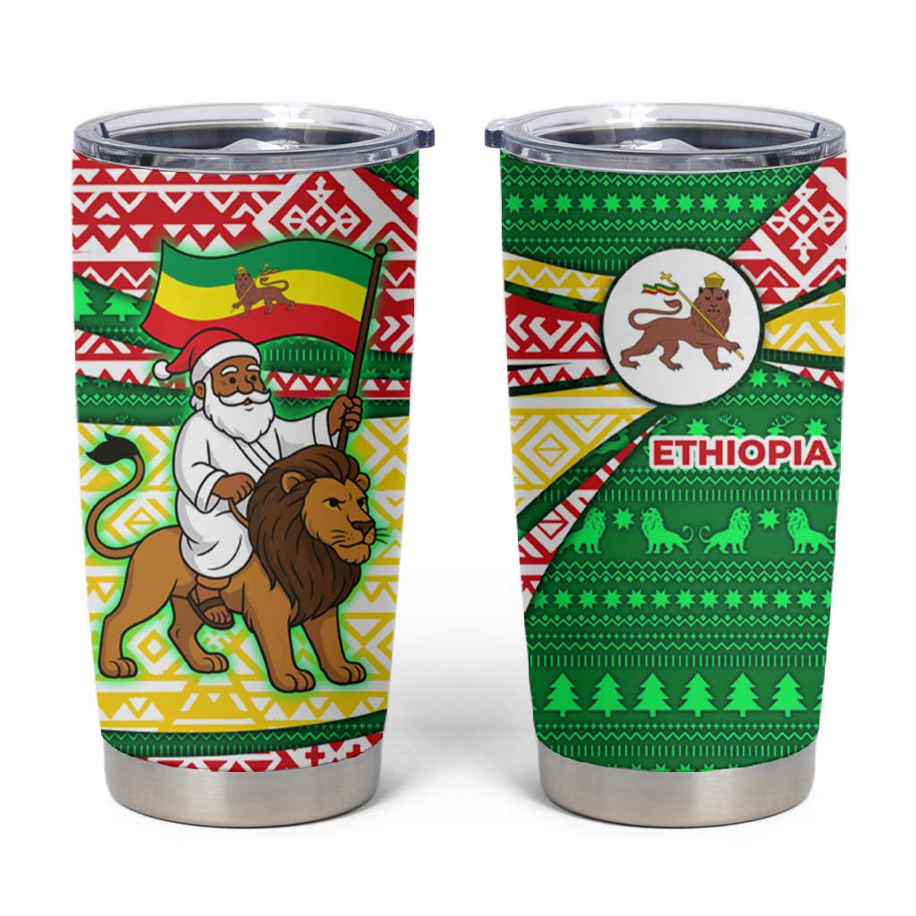 Ethiopia Christmas Tumbler Cup Santa Riding Lion Ethiopian Flag Colors and Tribal - African Pride