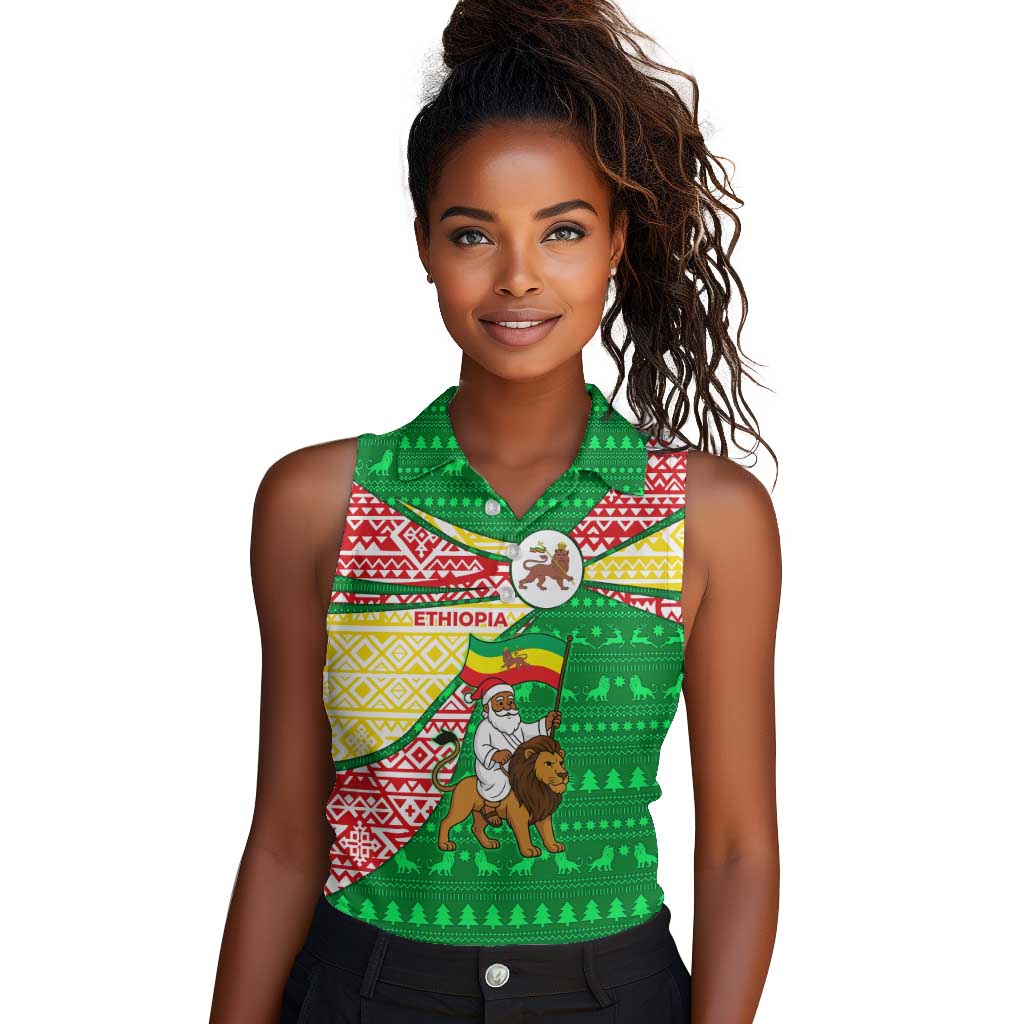 Ethiopia Christmas Women Sleeveless Polo Shirt Santa Riding Lion Ethiopian Flag Colors and Tribal - African Pride