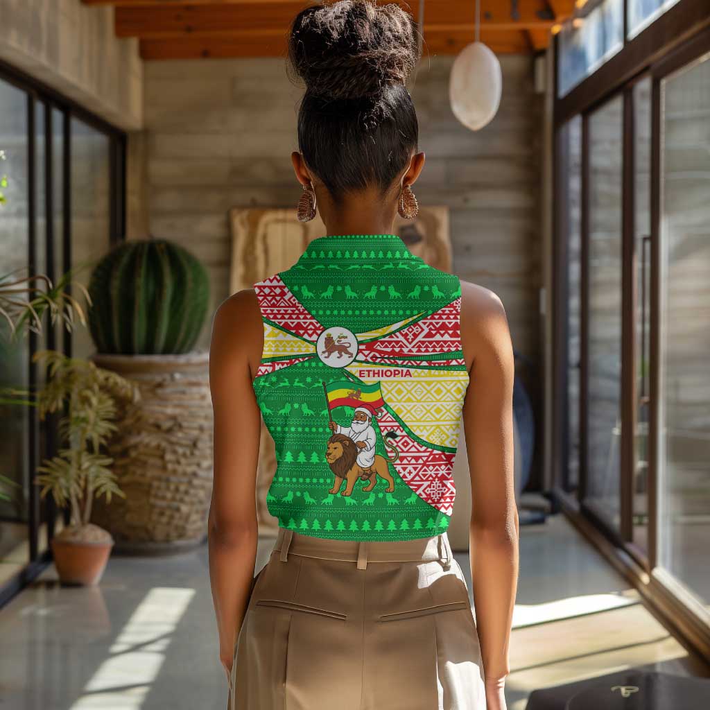 Ethiopia Christmas Women Sleeveless Polo Shirt Santa Riding Lion Ethiopian Flag Colors and Tribal - African Pride