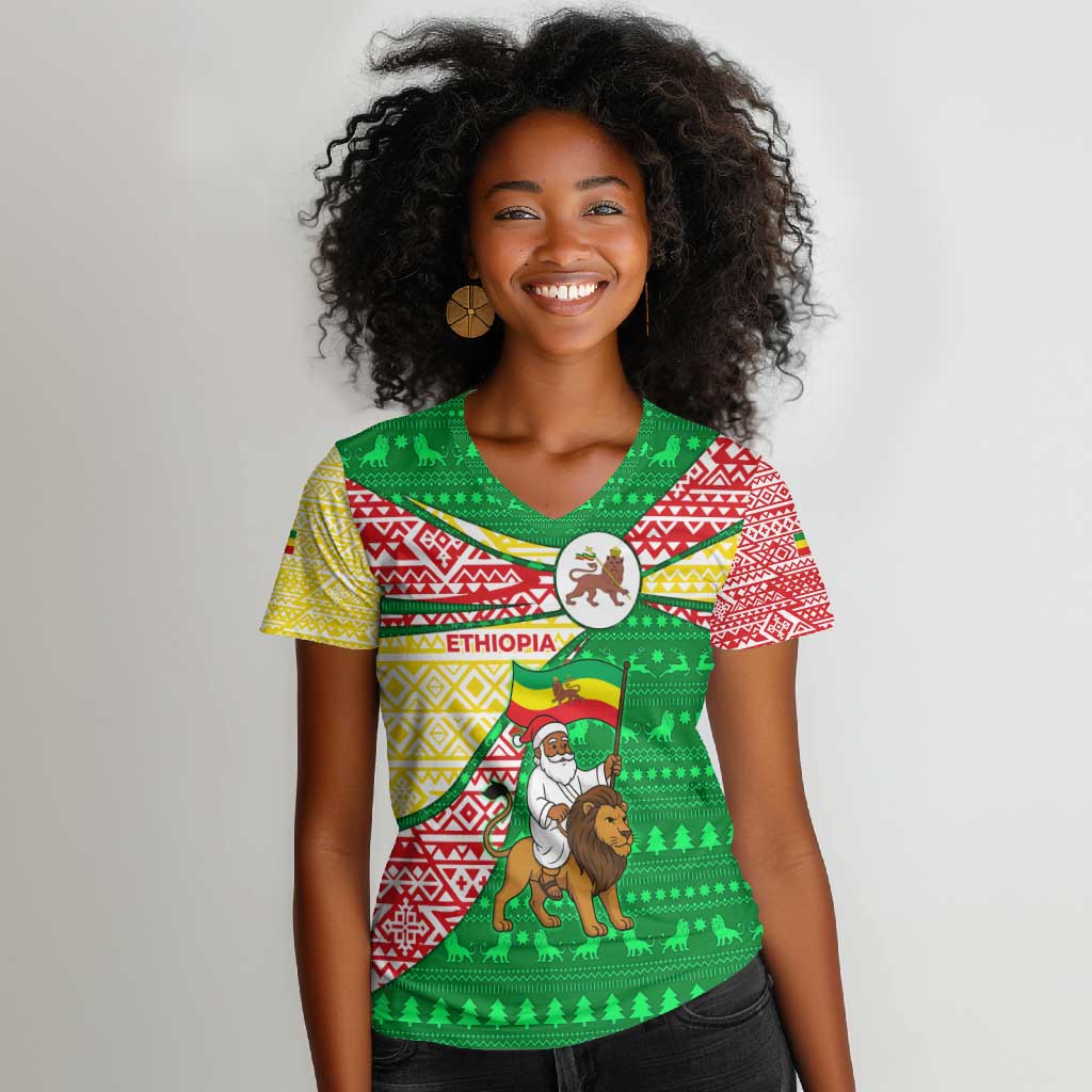 Ethiopia Christmas Women V-Neck T-Shirt Santa Riding Lion Ethiopian Flag Colors and Tribal - African Pride