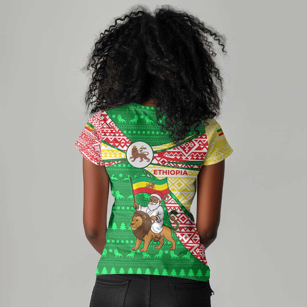 Ethiopia Christmas Women V-Neck T-Shirt Santa Riding Lion Ethiopian Flag Colors and Tribal - African Pride
