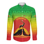 Ethiopia Christmas Long Sleeve Button Shirt Mountain Gazelle Sunset Ethiopian Flag - African Pride