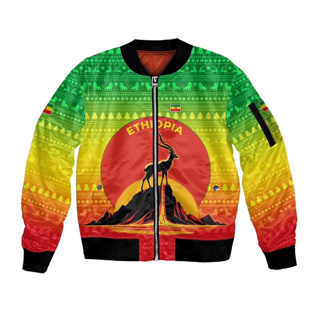 Ethiopia Christmas Sleeve Zip Bomber Jacket Mountain Gazelle Sunset Ethiopian Flag - African Pride