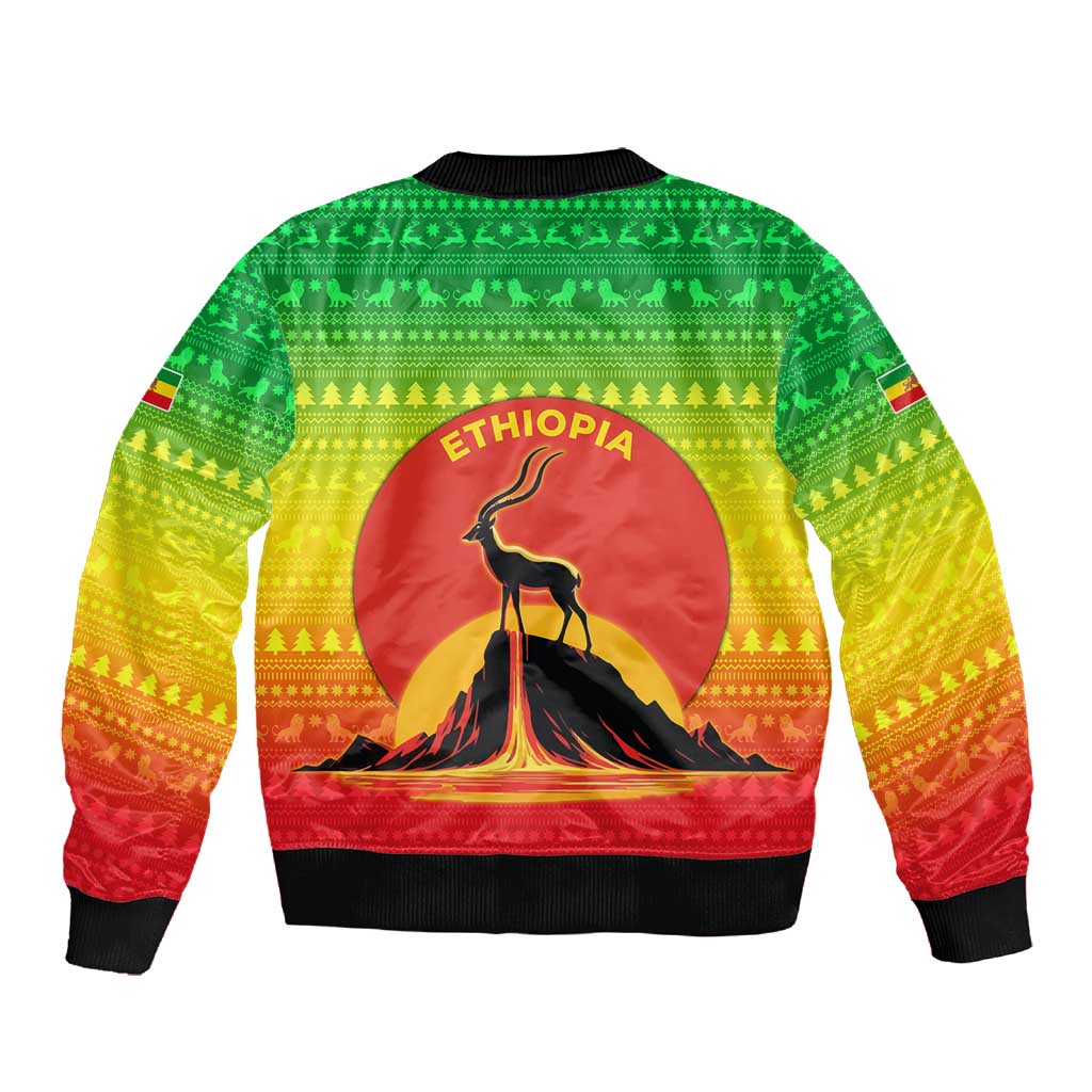 Ethiopia Christmas Sleeve Zip Bomber Jacket Mountain Gazelle Sunset Ethiopian Flag - African Pride