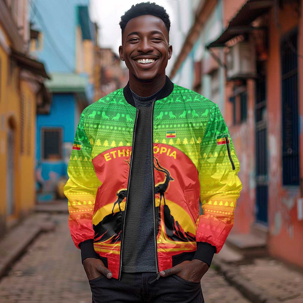 Ethiopia Christmas Sleeve Zip Bomber Jacket Mountain Gazelle Sunset Ethiopian Flag - African Pride