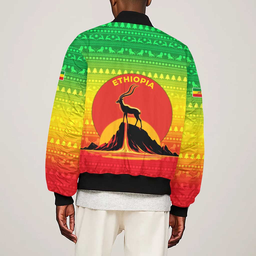 Ethiopia Christmas Sleeve Zip Bomber Jacket Mountain Gazelle Sunset Ethiopian Flag - African Pride