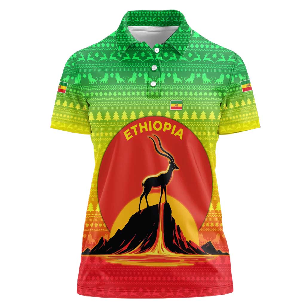 Ethiopia Christmas Women Polo Shirt Mountain Gazelle Sunset Ethiopian Flag - African Pride
