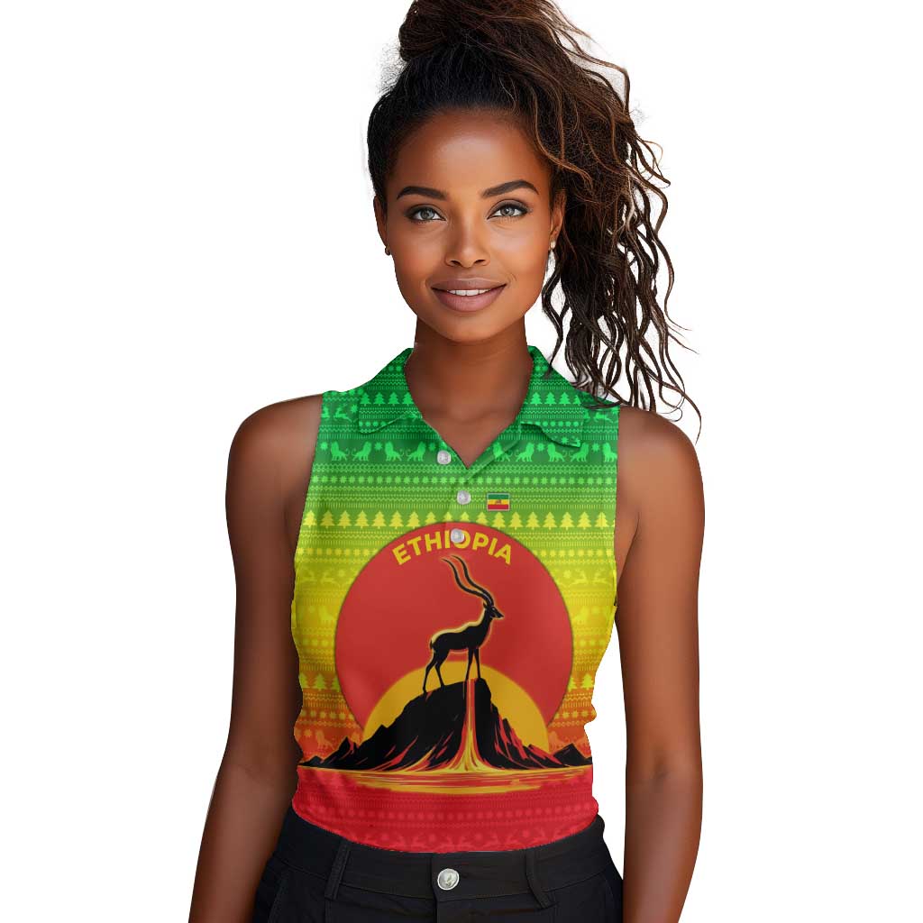 Ethiopia Christmas Women Sleeveless Polo Shirt Mountain Gazelle Sunset Ethiopian Flag - African Pride