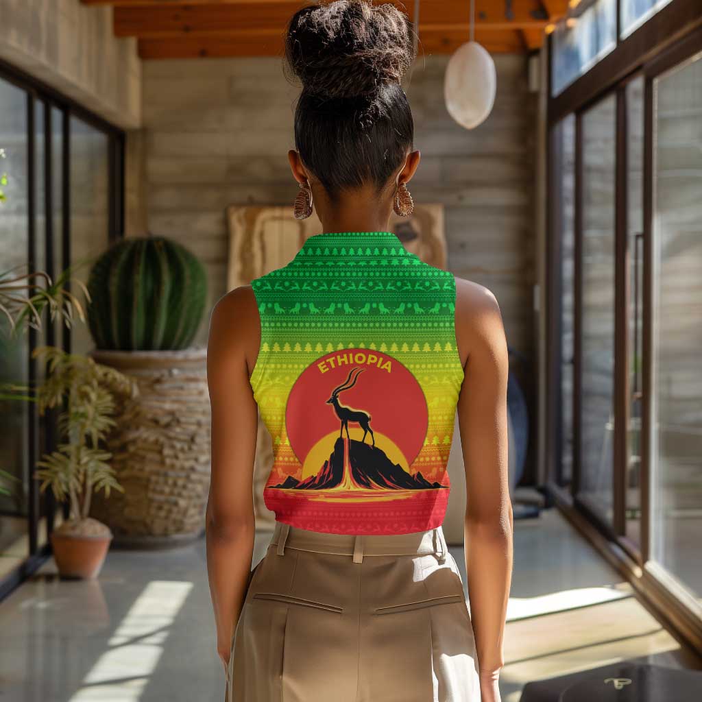 Ethiopia Christmas Women Sleeveless Polo Shirt Mountain Gazelle Sunset Ethiopian Flag - African Pride