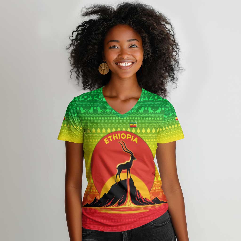 Ethiopia Christmas Women V-Neck T-Shirt Mountain Gazelle Sunset Ethiopian Flag - African Pride