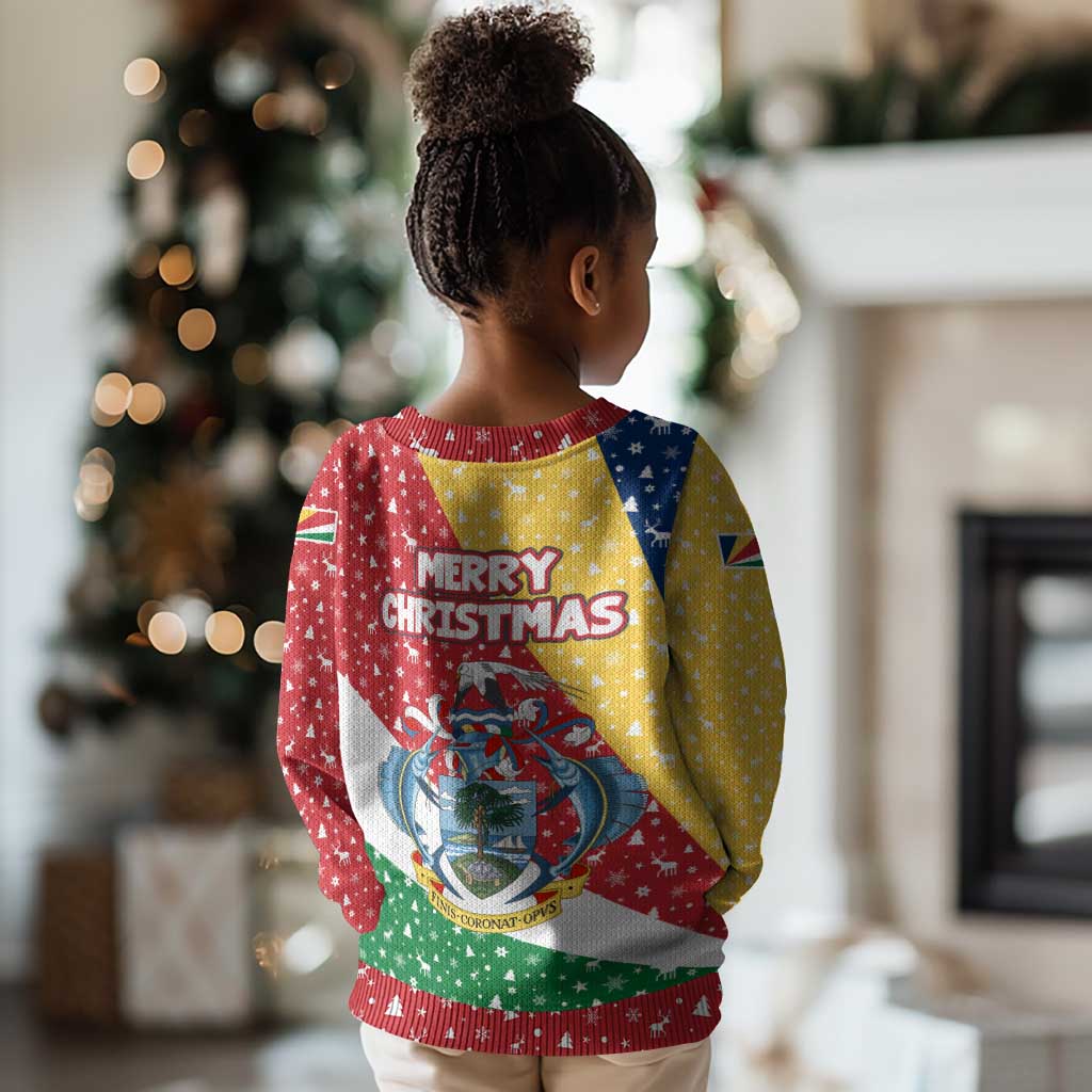 Seychelles Christmas Kid Ugly Christmas Sweater Flag Colors Tropical Bird Motif and National Coat of Arms - African Pride