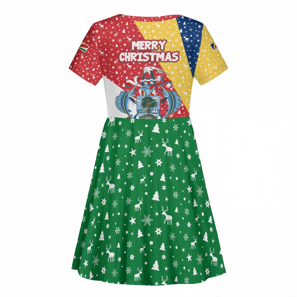 Seychelles Christmas Kid Short Sleeve Dress Flag Colors Tropical Bird Motif and National Coat of Arms - African Pride