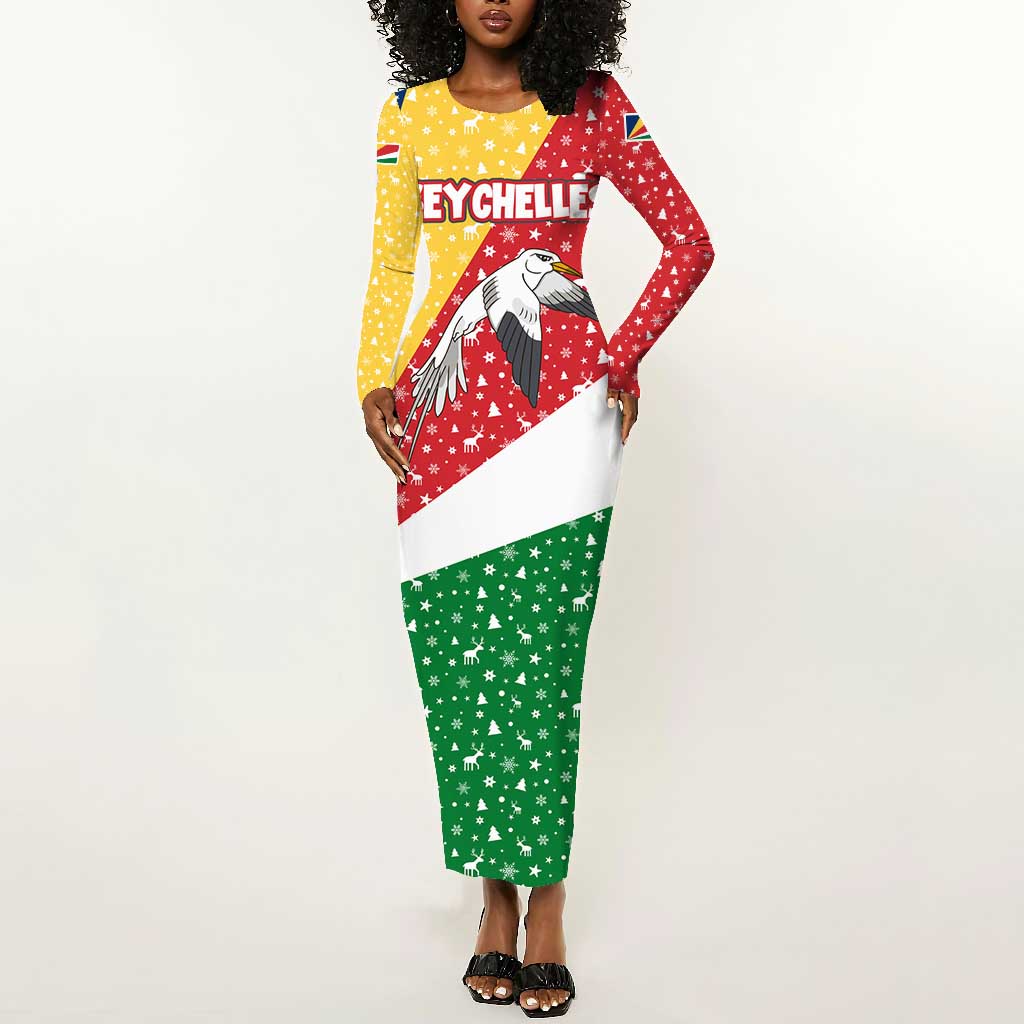 Seychelles Christmas Long Sleeve Bodycon Dress Flag Colors Tropical Bird Motif and National Coat of Arms - African Pride