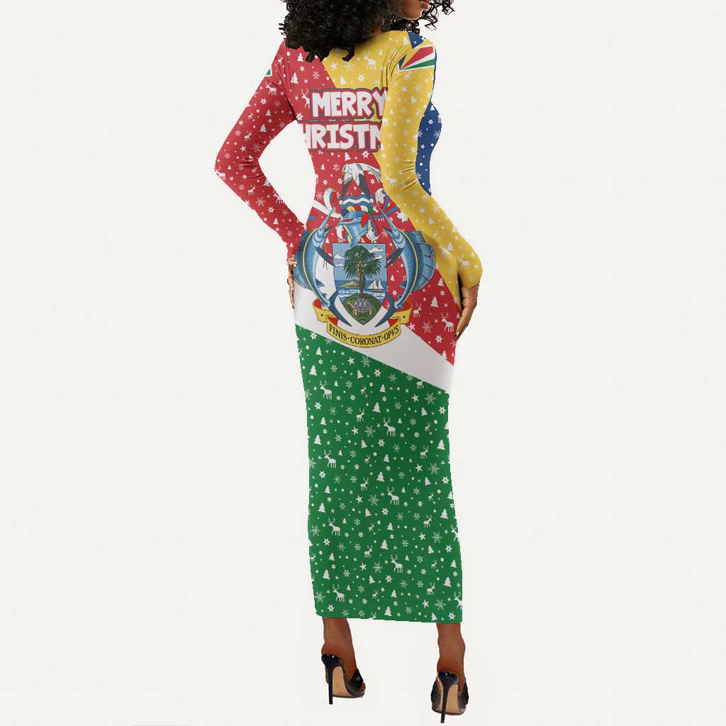 Seychelles Christmas Long Sleeve Bodycon Dress Flag Colors Tropical Bird Motif and National Coat of Arms - African Pride