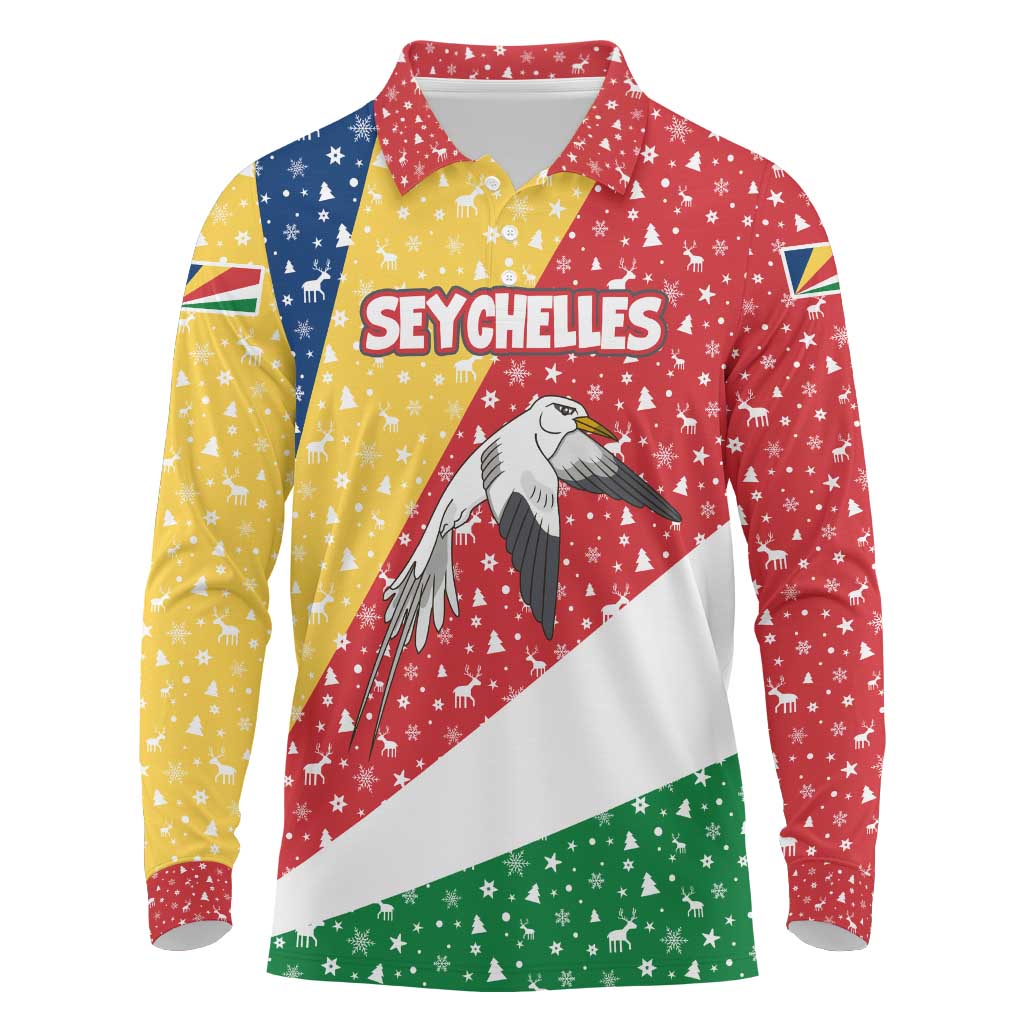 Seychelles Christmas Long Sleeve Polo Shirt Flag Colors Tropical Bird Motif and National Coat of Arms - African Pride