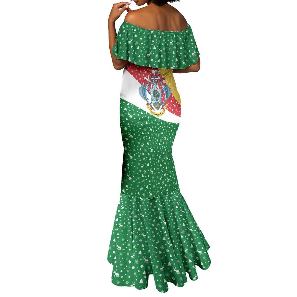 Seychelles Christmas Mermaid Dress Flag Colors Tropical Bird Motif and National Coat of Arms - African Pride