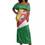 Seychelles Christmas Off Shoulder Maxi Dress Flag Colors Tropical Bird Motif and National Coat of Arms - African Pride