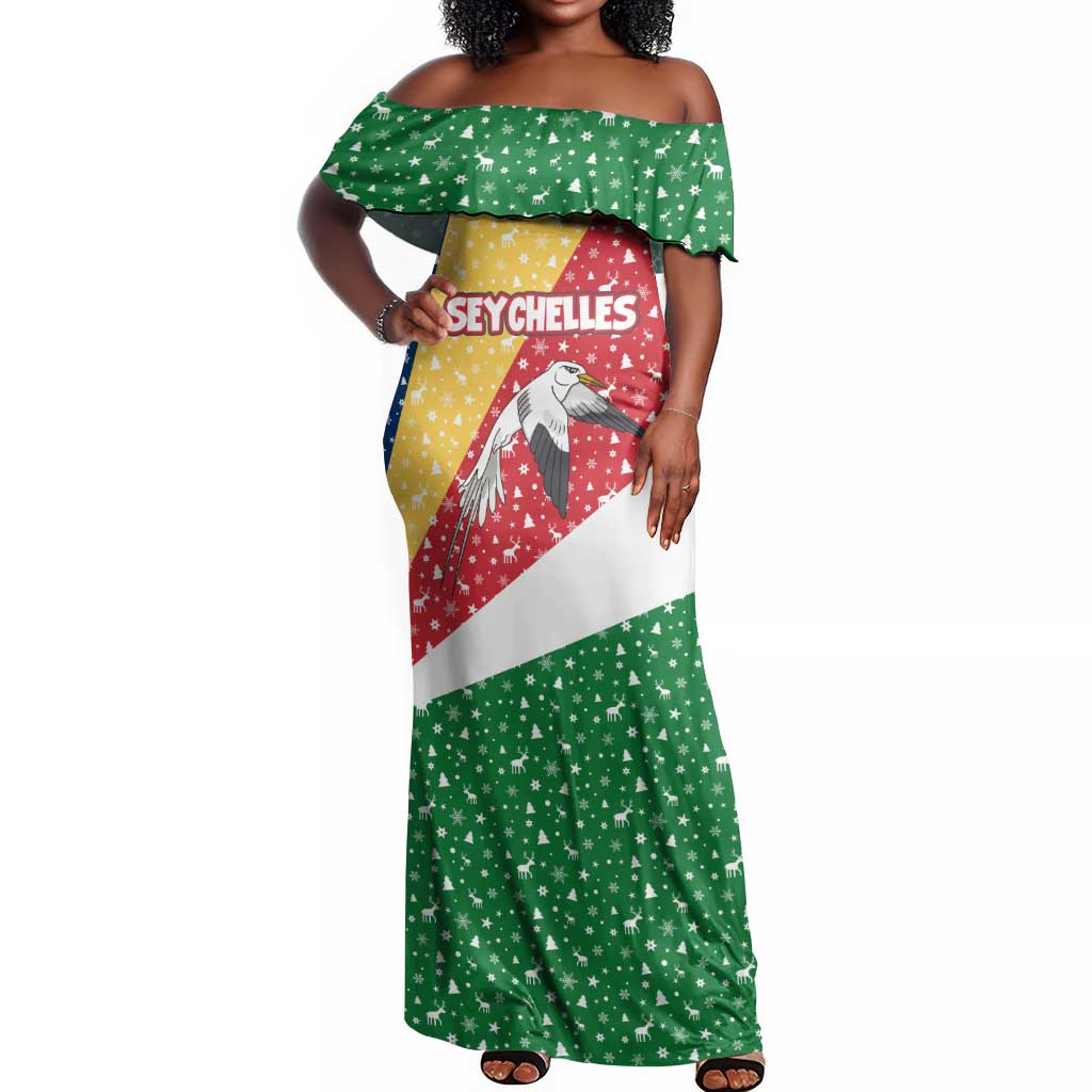 Seychelles Christmas Off Shoulder Maxi Dress Flag Colors Tropical Bird Motif and National Coat of Arms - African Pride