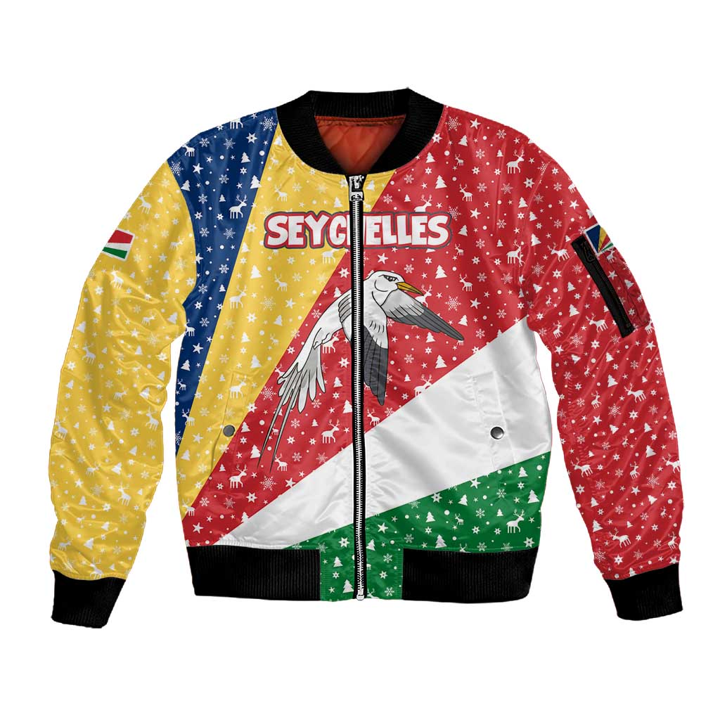 Seychelles Christmas Sleeve Zip Bomber Jacket Flag Colors Tropical Bird Motif and National Coat of Arms - African Pride