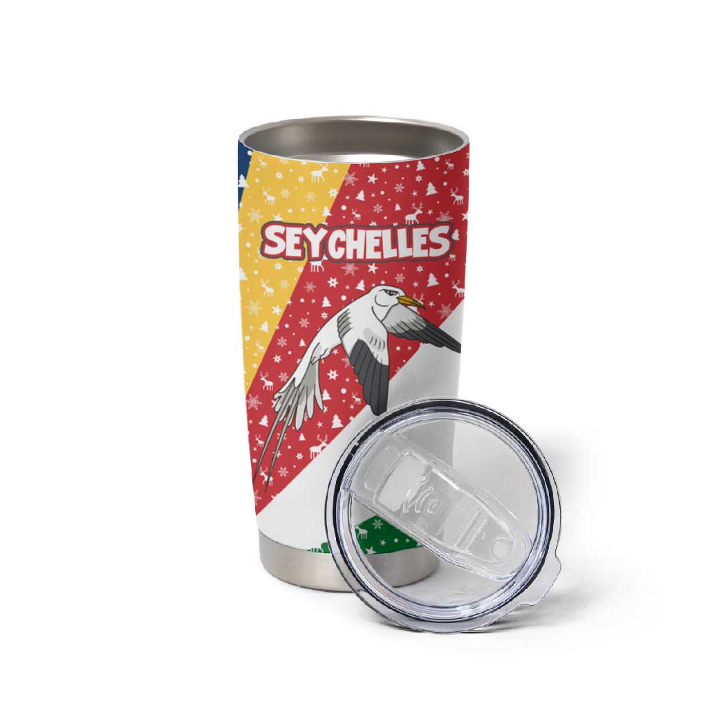 Seychelles Christmas Tumbler Cup Flag Colors Tropical Bird Motif and National Coat of Arms - African Pride