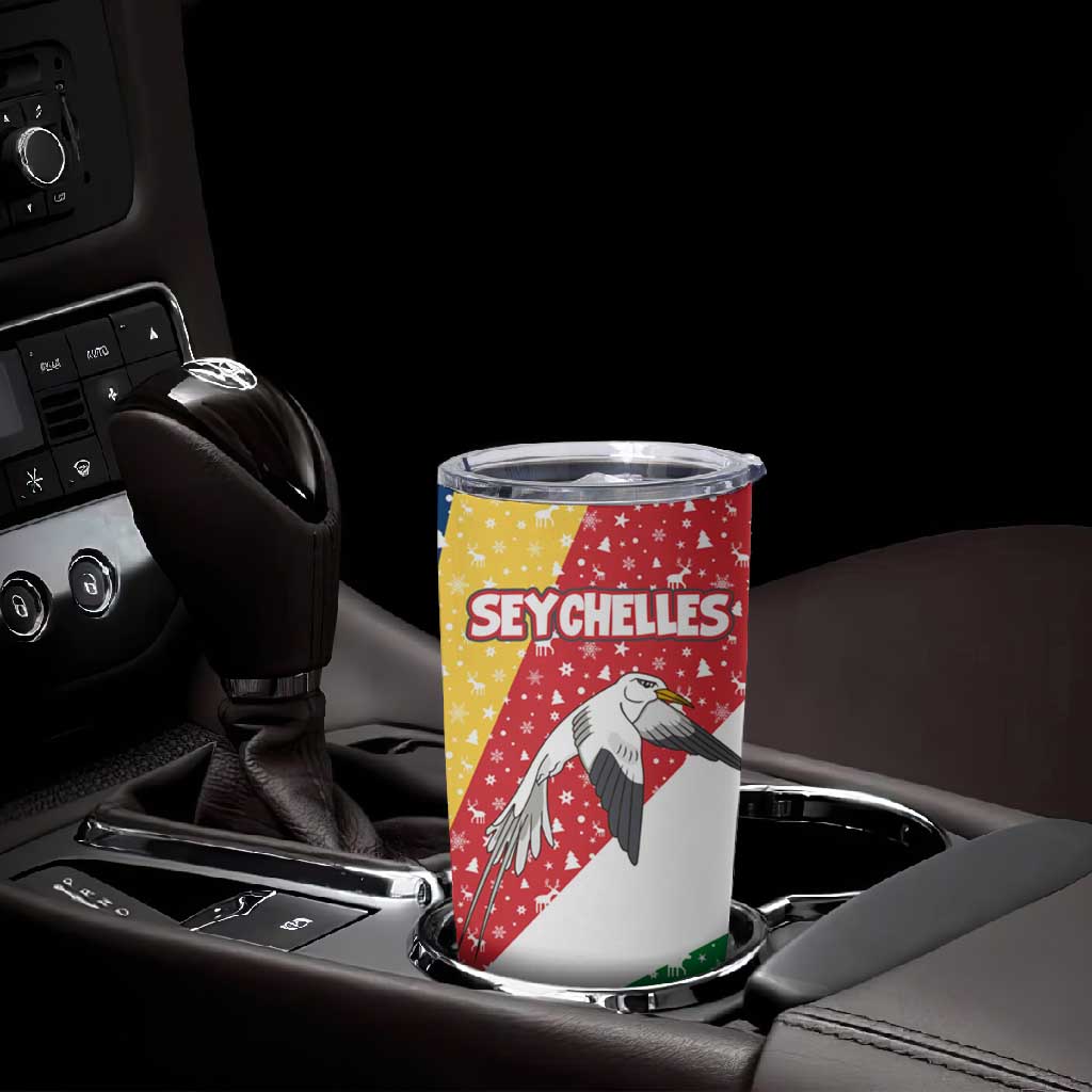 Seychelles Christmas Tumbler Cup Flag Colors Tropical Bird Motif and National Coat of Arms - African Pride