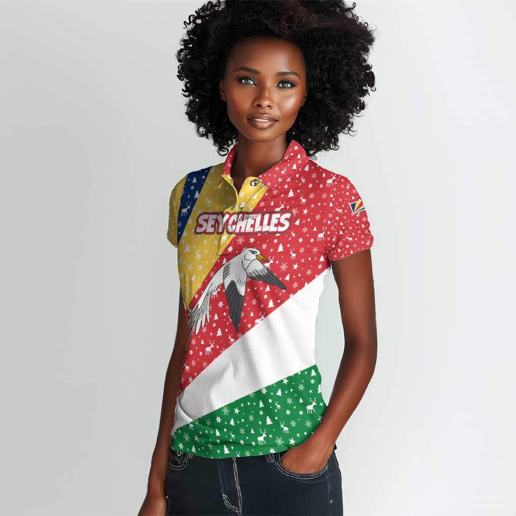 Seychelles Christmas Women Polo Shirt Flag Colors Tropical Bird Motif and National Coat of Arms - African Pride