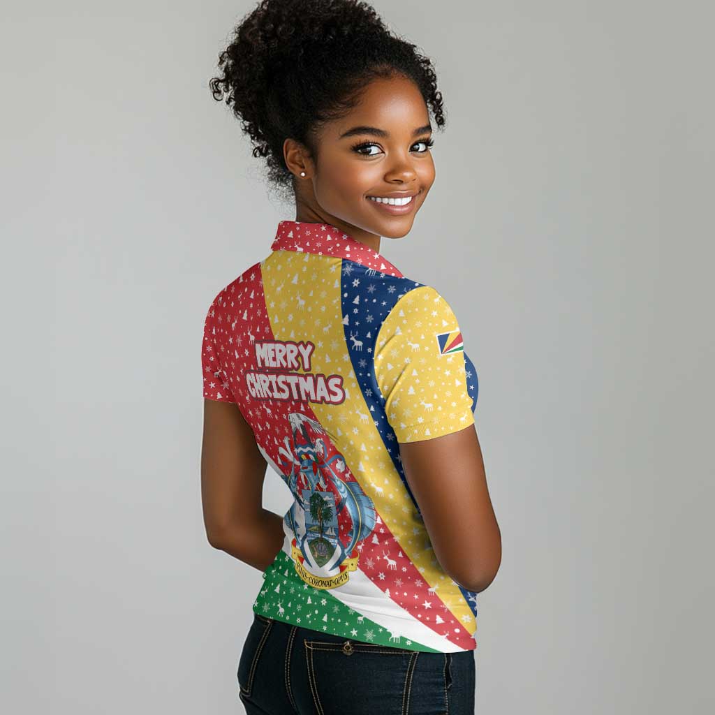 Seychelles Christmas Women Polo Shirt Flag Colors Tropical Bird Motif and National Coat of Arms - African Pride